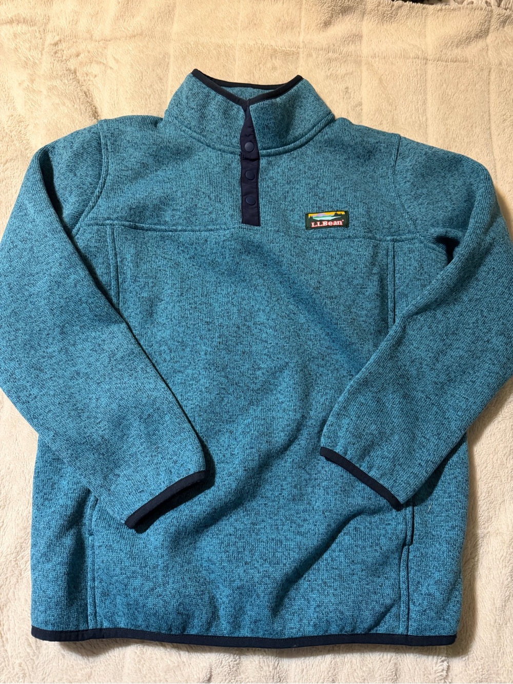 L.L. Bean Teal button up Fleece with Navy Trim